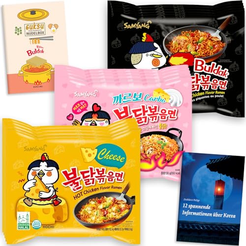 Guksu Buldak Set Trio - 15x Buldak Ramen mit Hühnchen-Geschmack - Original Flavor, Cheese & Carbonara - Scharfe Instant-Nudeln aus Korea, Geschenkset inkl. 2 Broschüren von getDigital
