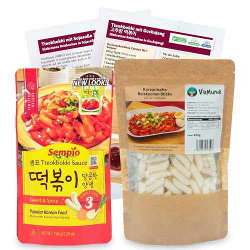 Koreanische Reiskuchen & Milde Tteokbokki Soße Set - Inkl. Broschüre mit Kochrezepten und Videoanleitungen für Reisnudel-Gerichte aus Korea - 400g Reis-Sticks & 150g Süße Sauce von getDigital