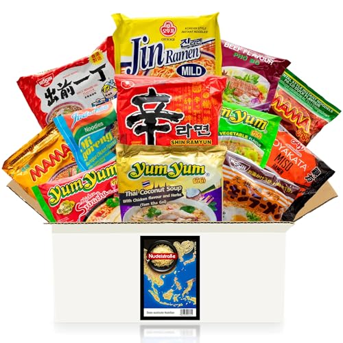 Nudelstraße Box mit asiatischen Instant-Nudeln - 12 Ramen und Nudelsuppen aus Japan, Korea, Thailand und Vietnam, zufällige Mischung aus vielseitigen Geschmacksrichtungen und Sorten - Asia Food Box von getDigital