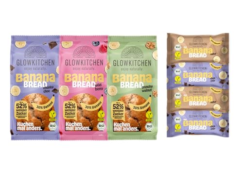 Glowkitchen banana bread mega bundle - alle Sorten/verschiedene Größen - vegan - bio - über 50% weniger Zucker - lange haltbar - mit Dinkel & 30% Banane von GLOWKITCHEN
