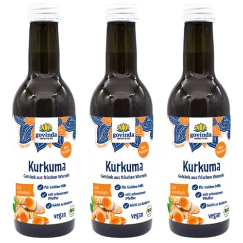 Govinda Bio Kurkumagetränk (3x250ml) | Aus frischen Kurkuma-Knollen | Mit schwarzem Pfeffer | Vegan | Für Golden Milk & Kurkuma Shots | Erfrischend & belebender Geschmack | Indischer Gelbwurz von Govinda