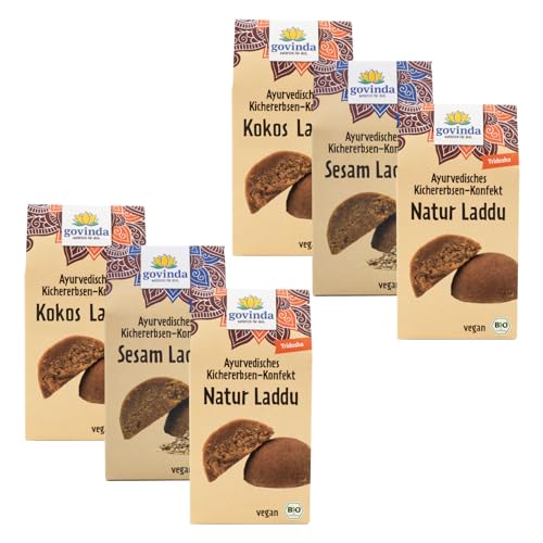 Govinda Bio Laddu Mixed-Box (6x 120g) | Indische Köstlichkeit | Ayurvedisches Kichererbsen-Konfekt | Vegan & Glutenfrei | 3 leckere Geschmacksrichtungen: Natur/Sesam/Kokos von Govinda