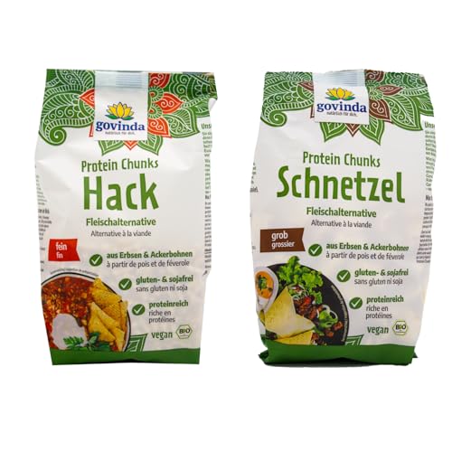 Govinda Bio Protein Chunks Mix (2x125g Schnetzel & 2x125g Hack) | Veganer Fleischersatz | Aus Erbsen & Ackerbohnen | Soja- & Glutenfrei | Proteinreich | Ideal für veganes Gulasch & vieles mehr von Govinda