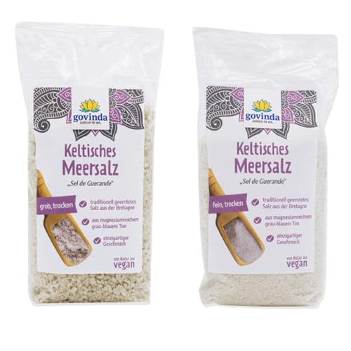 Govinda Keltisches Meersalz (500g grob & 500g fein) | Sel de Guerande | Unraffiniert & Natürlich | Handgeschöpft in Frankreich | Reich an Magnesium | ohne künstliche Zusätze | Ideal zum Kochen von Govinda