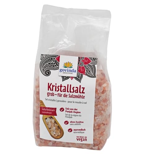 Govinda Kristallsalz - grob (1kg) | 250 Millionen Jahre alt | Salz aus der Punjab-Region | 100% naturbelassen & ohne Zusätze | Ayurvedisch | Vegan | Ideal für die Salzmühle von Govinda