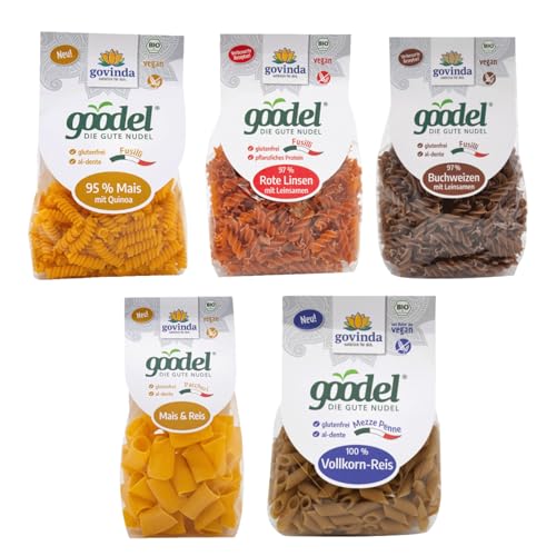 Govinda goodel Mixed Box (5x250g) - Die gute Nudel in 5 leckeren Sorten zum Probieren & Verlieben | Glutenfrei | Bio & Vegan | Mais | Rote Linsen | Buchweizen | Vollkorn-Reis | Quinoa | Leinsamen von Govinda