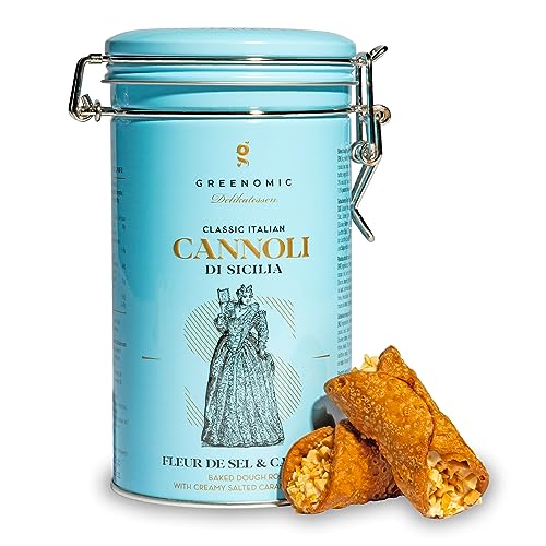 Greenomic - Cannoli-Siciliani - 200g - gefüllt mit zarter Salz-Caramel-Cremefüllung - einzeln verpackt in charmanter Geschenkdose zum Aufbewahren - italienisch-sizilianisches-Gebäck zu Kaffee & Tee von greenomic