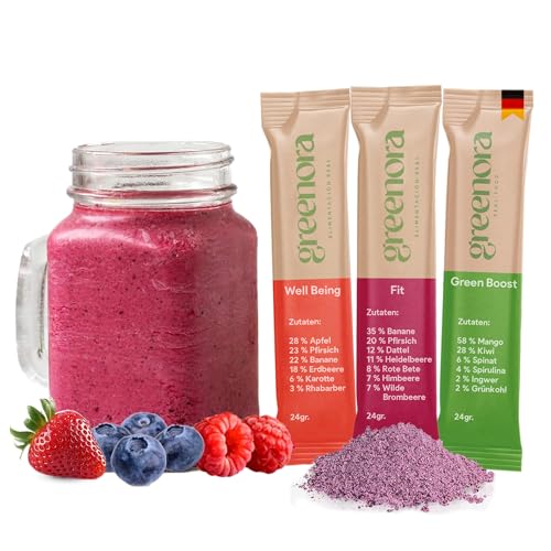 GREENORA Veganer Smoothie Gefriergetrocknetes Fruchtpulver 100% Natürlich. Dehydriert. Erdbeere Apfel Ingwer Mango Rote Bete Spirulina. Ohne Zuckerzusatz 9x24g von greenora