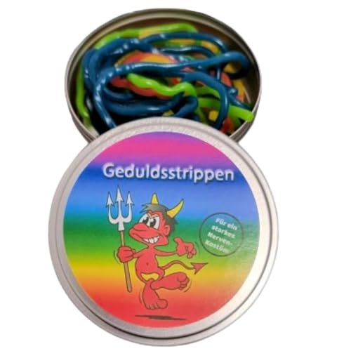 Geduldsstrippen aus der Dose, Fruchtgummi, Nervennahrung, Geschenk zur Entspannung, Spaßgeschenk Lustig (4 Geschmacksrichtungen) Metalldose von ich