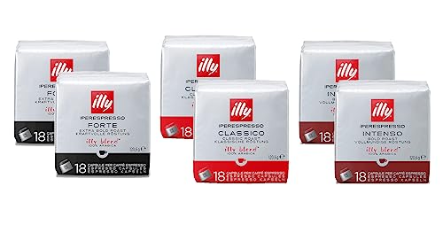 ILLY Auswahl von 108 Kaffeekapseln für Hyperespresso-Maschinen | Verkostungssortiment mit 2 Packungen Klassisch, 2 Packungen Intenso, 2 Packungen stark von Illy