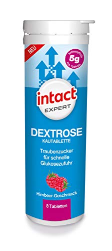intact EXPERT Dextrose PUR 8 Kautabletten mit Himbeer-Geschmack für Diabetiker Typ 1+2 • Traubenzucker für schnelle Glukosezufuhr • 100% Vegan von intact