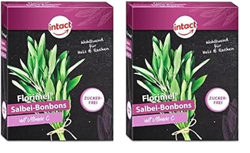 intact Florimel Salbei-Bonbons mit Vitamin C (40g) • Wohltuend für Hals & Rachen • Hustenbonbons zuckerfrei (Packung mit 2) von intact