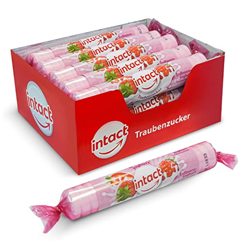 intact Traubenzucker (Erdbeere-Joghurt) Rolle 15 St. • Multipack (15 x 40g) Traubenzucker Bonbons • 100% Vegan von intact