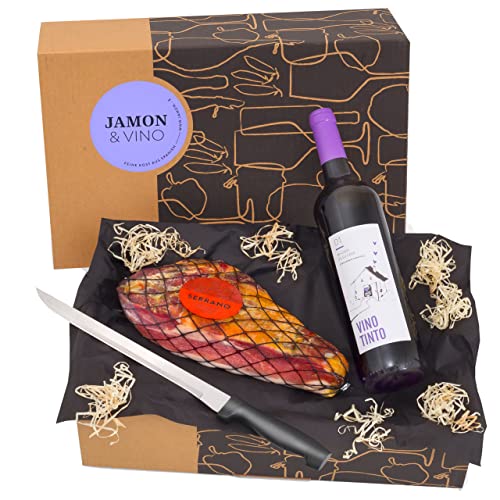 Delikatessen-Präsentkorb "Jamón y Vino" mit Serrano-Schinken & Rotwein aus Spanien - Verpackt in der spanischen Geschenk-Box inklusive Schinkenmesser von jamon.de