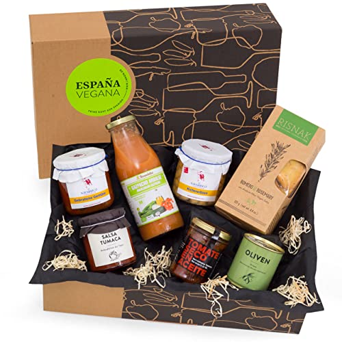 España Vegana | Geschenk mit veganen Köstlichkeiten aus dem Mittelmeerraum | Mit Gazpacho, gebratenem Gemüse, Oliven, getrockneten Tomaten, Kichererbsen, Bruschetta-Soße und Crackern - jamon.de von jamon.de