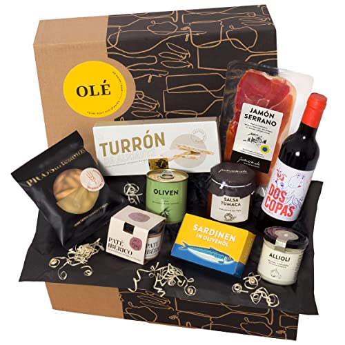 jamon.de Geschenkbox Olé gefüllt mit spanischen Delikatessen I Präsent mit hochwertigem Serrano-Schinken, ausgesuchten Tapas-Klassikern & Rotwein aus Spanien von jamon.de