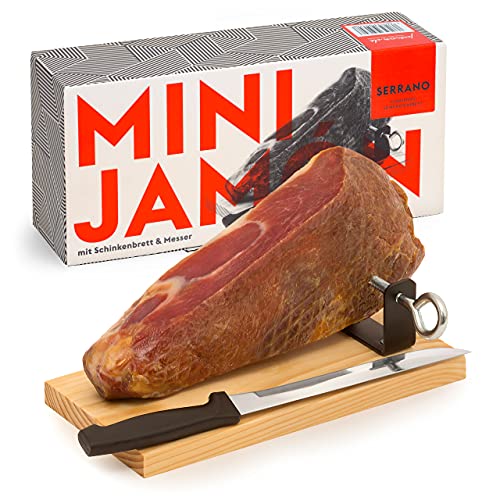 MINI-JAMON SERRANO von jamon.de | Im Geschenkkarton | Set mit Holzständer und Schinkenmesser von jamon.de
