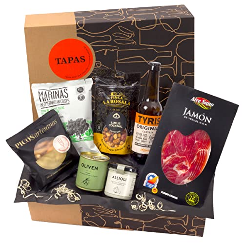 jamon.de Präsentkorb TAPAS I gefüllter Geschenkkorb mit Craft-Bier, Serrano-Schinken & leckeren Spezialitäten aus Spanien I Geburtstags-Geschenk & Dankeschön für Männer & Frauen von jamon.de