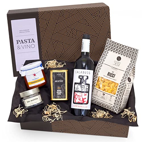 Geschenk-Set Pasta & Vino | Gefüllter Geschenkkorb mit italienischen Nudeln, mediterranen Delikatessen & Rotwein aus Spanien | Leckere Geschenkidee von jamon.de von jamon.de