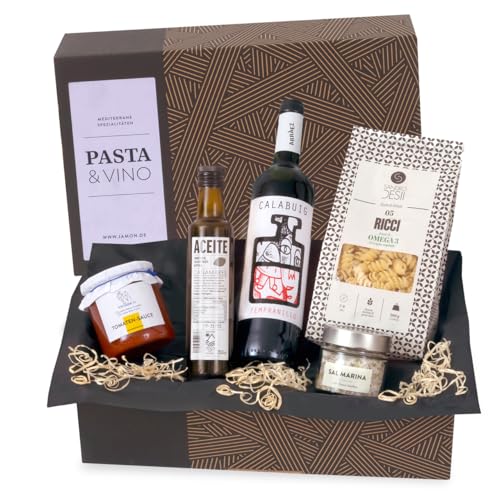 Geschenk-Set Pasta & Vino | Gefüllter Geschenkkorb mit italienischen Nudeln, mediterranen Delikatessen & Rotwein aus Spanien | Leckere Geschenkidee von jamon.de von jamon.de