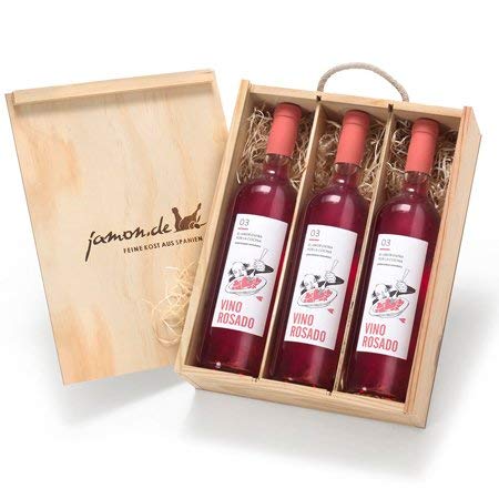 Geschenk für Weinliebhaber | Weingeschenk ROSADO | 3 Flaschen Roséwein aus Spanien | Verpackt in Weinkiste aus Holz | Vino Rosado D.O. Utiel-Requena 100% Bobal | Satte Frucht und leuchtende Farbe von jamon.de