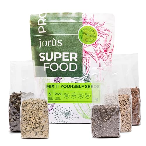 Superfood-Samen-Mischung – 5 × 200 g mit Sonnenblumenkernen, Leinsamen, Hanfsamen, Chiasamen und Kürbiskernen – reich an Ballaststoffen, Omega-3-Fettsäuren und pflanzlichem Eiweiß (insgesamt 1 kg) Superfood-Samen-Mischung – 5 × 200 g mit Sonnenblumenkernen, Leinsamen, Hanfsamen, Chiasamen und Kürbiskernen – reich an Ballaststoffen, Omega-3-Fettsäuren und pflanzlichem Eiweiß (insgesamt 1 kg) von jorus