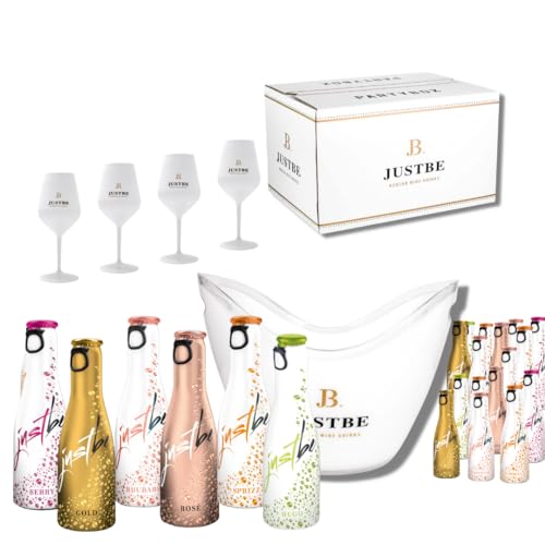 JUSTBE Party-Box 48 Drinks (L) | 1xSektkühler und 4x Sektgläser Plastik I Geschenke-Set Sekt + Wein-Cocktail von just be