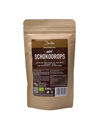Biosüße Schokodrops Mini Zartbitter mit einem 62% Kakao Anteil (230g) ohne Zuckerzusatz, vegan, gesüßt mit Bio-Erythrit (1x230g) von kalorienfreie Biosuße