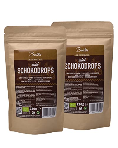 Biosüße Schokodrops Mini Zartbitter mit einem 62% Kakao Anteil (460g) ohne Zuckerzusatz, gesüßt mit Bio-Erythrit (2x230g) von kalorienfreie Biosuße