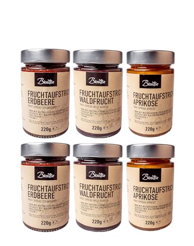 Probierset Biosüße Bio-Fruchtaufstriche Erdbeere, Aprikose & Waldfrucht - ohne Zuckerzusatz mit Bio-Erythrit gesüßt, 60% Frucht, vegan. 6x220g von kalorienfreie Biosuße