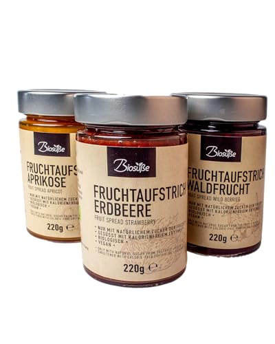 Biosüße Probierset Bio-Fruchtaufstriche Erdbeere, Aprikose und Waldfrucht - ohne Zuckerzusatz mit Bio-Erythrit gesüßt, 60% Frucht, vegan, glutenfrei 3x220g, ohne Stevia von kalorienfreie Biosuße