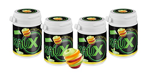 kauX Xylitol Zahnpflege-Kaugummi ohne Aspartam, 4'er Pack Fresh Fruit (60g=40 Stück pro Dose) von kauX