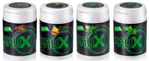 kauX Xylitol Zahnpflege-Kaugummi ohne Aspartam, 4'er Pack gemischt (60g=40 Stück pro Dose) von kauX