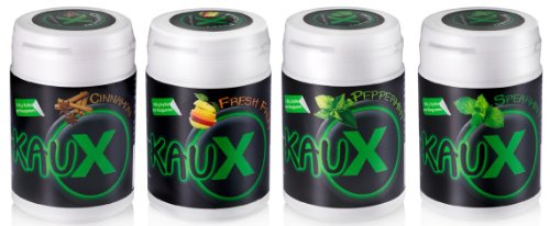 kauX Xylitol Zahnpflege-Kaugummi ohne Aspartam 4'er Pack gemischt (60g=40 Stück pro Dose) von kauX