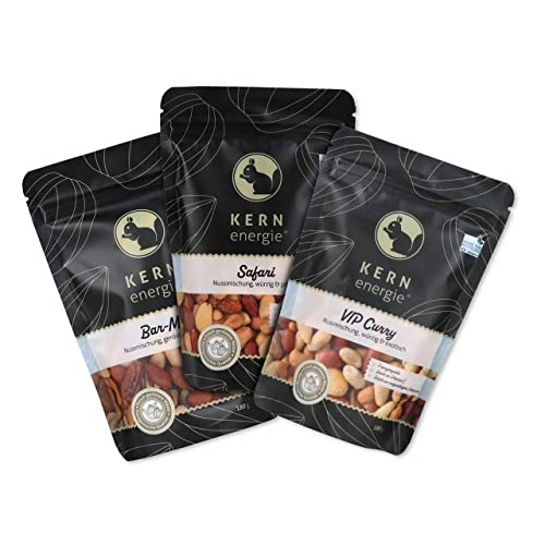 3er-Set Gourmet-Nussmischung: VIP Curry, Safari & Bar-Mix - Nussmischung Geschenkset - würzig & exotische Mischungen - Premium Nüsse im wiederverschließbaren Flowpack -3x180g von kern-energie