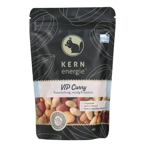 KERNenergie Nussmischung VIP Curry im Flowpack - Pikanter Nussmix mit Cashewkernen, Erdnüssen und Macadamias - Gemischte Nüsse mit Curry-Gewürzmischung, 180g von kern-energie