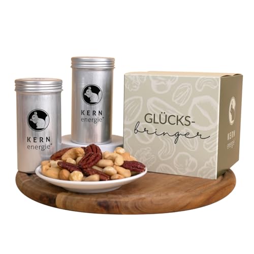 KERNenergie Nussgeschenk Set - Geschenkidee für Männer und Frauen - frisch geröstete Nussmischungen, sowie gebrannte und schokolierte Nüsse - Passend zu jedem Anlass - 4x90g (Glücksbringer) von kern-energie