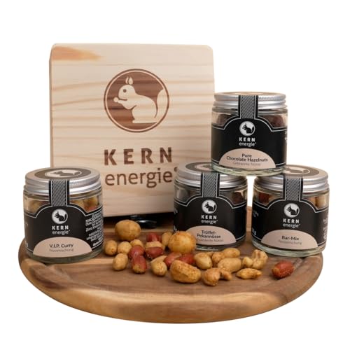 KERNenergie edles Geschenkset | 4 Nussmischungen in praktischen Schraubgläsern - würzig, salzig & süß ideal zum Verschenken | Geschenkverpackung Holzbox von kern-energie