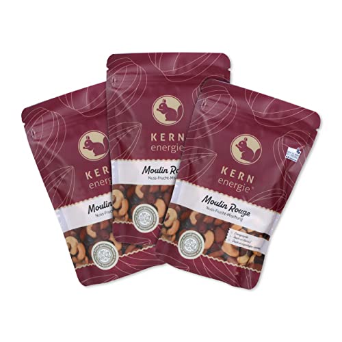 Nuss-Frucht Mix Moulin Rouge 3er Flowpack - Exotische Würze und hochwertige Zutaten auskombiniert Cashewkerne, blanchierte Erdnüsse, Erdnüsse mit Haut und Macadamias - 3 Pack von kern-energie