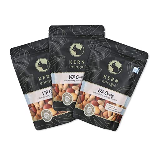 Nussmischung VIP Curry 3er Flowpack - Exotische Würze und hochwertige Zutaten kombiniert aus Cashewkerne, blanchierte Erdnüsse, Erdnüsse mit Haut und Macadamias - 3 Pack von kern-energie