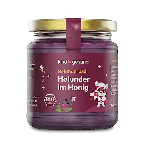 kindgesund Bio-Holunder im Honig für Kinder – Wohltuender Honig im Glas mit 35% konzentriertem Holundersaft – 250 g von kind gesund