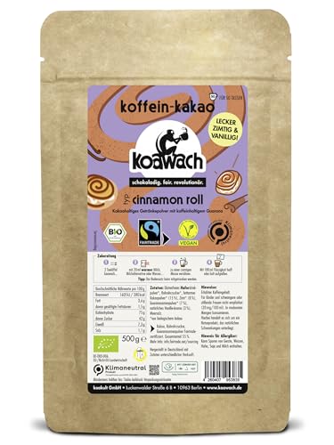 Koawach Cinnamon Roll Kakaopulver Trinkschokolade – Koffein Kakao Typ Zimtschnecke mit Guarana Vegan heiße Schokolade Getränk mit Rohrohrzucker Backkakao Bio Fairtrade 500g von koawach