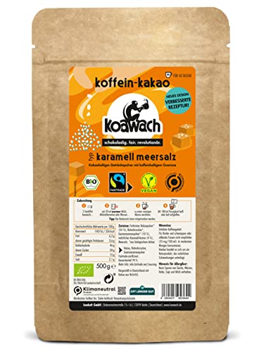 koawach Karamell + Meersalz Kakaopulver Trinkschokolade – Koffein Kakao Guarana Vegan heiße Schokolade Getränk weniger Zucker Backkakao Bio Fairtrade 500g von koawach