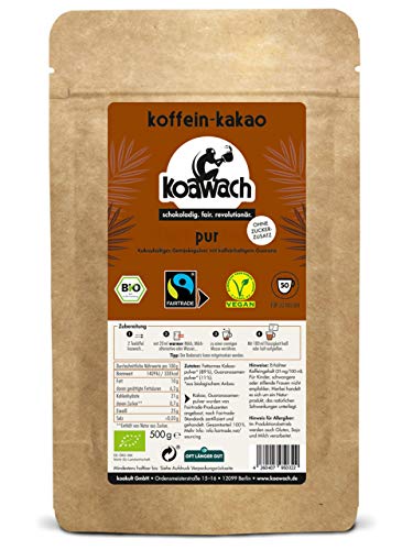 Koawach Pur Kakaopulver Trinkschokolade – Koffein Kakao Zuckerfrei Guarana Vegan heiße Schokolade Getränk ohne Zucker Energy Drink Backkakao Bio Fairtrade (500g) von koawach
