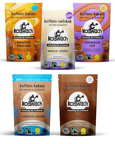 koawach Starter Set - Koffein Kakao Guarana Vegan heiße Schokolade Geschenkset Getränk weniger Zucker Kokosblütenzucker Energy Drink Backkakao Bio Fairtrade (5x100g) von koawach