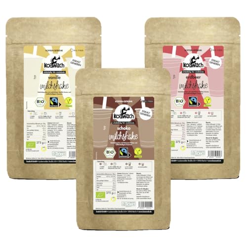 koawach Milchshake Pulver großes Probierset 3x375g - Schoko, Erdbeere, Vanille - Bio, Vegan, Fairtrade - Koffein aus Guarana - 3x Genuss - Perfekt für die ganze Familie - Vielfalt im Geschmack von koawach
