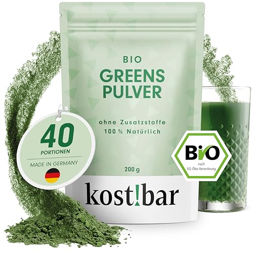 kost!bar BIO Greens Pulver [40 Portionen] 5 Grassaftpulver inkl. Gerstengras für Immunsystem, Muskeln, Stoffwechsel, Haut & Sehkraft - Grüner Helfer ohne Zusatzstoffe - Vegan & perfekt für Smoothies von kost!bar