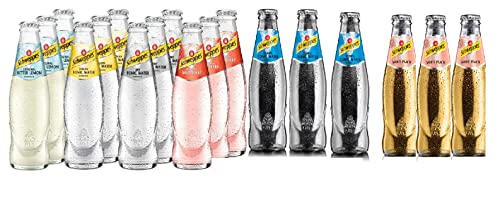 Schweppes Mix Set 18 x 200ml Glas kohlensäurehalti(Mix 6 Sorten a 3 Flaschen) Bitter lemon, indian Tonic, Dry Tonic, Ginger Ale, Russian Wildberry, White Peach inc. MEHRWEG Pfand von Krombacher