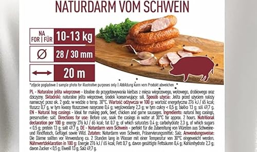 Schweinedarm Naturdarm für Wurst Premium für hausgemachte Würstchen für Bratwurst, Roster, Bockwurst, Frischbrater, Knacker, BBQ-Wurst Bratwurstdarm (28/30 m, 20 Meter) von lilawelt24