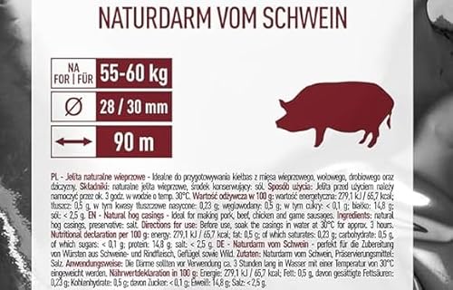 Schweinedarm Naturdarm für Wurst Premium für hausgemachte Würstchen für Bratwurst, Roster, Bockwurst, Frischbrater, Knacker, BBQ-Wurst Bratwurstdarm (28/30 mm, 90 m) von lilawelt24